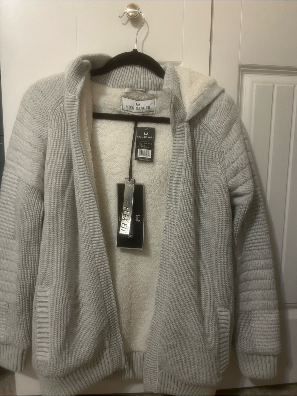 Nick Danger Cozy Hooded Knit Cardigan in Light Gray